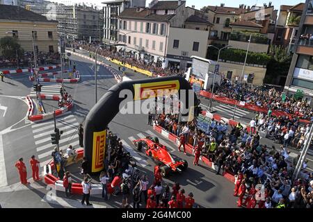 top panoramic view of the Ferrari Formula 1 car, during an exhibition on a city circuit along the Darsena district, in Milan. Stock Photo