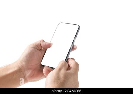 Man hand using smartphone with blank screen, isolated on white background Stock Photo