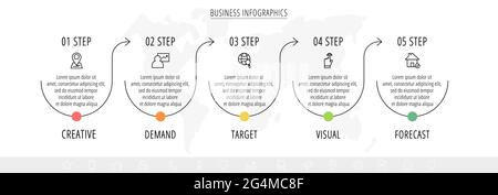 Vector minimal line infographics with arrows. Business concept 5 steps by step, options, labels. Flat template with five ways for chart, diagram Stock Vector