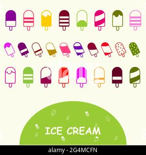 Multicolored ice cream icons on set. Popsicle with different toppings and different flavours and colors Stock Vector