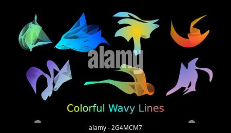 Wavy lines in different shapes in different gradient color on black background Stock Vector