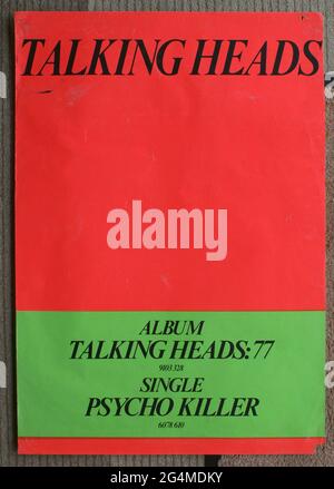 Talking Heads, New Wave rock group. Poster for their critically acclaimed and influential debut album 77.  David Byrne, Jerry Harrison, Tina Weymouth and Chris Frantz.  Contained the hit single Psycho Killer.  Poster designed by the band for use in record shops to promote the release.  Sire Records. UK. Stock Photo