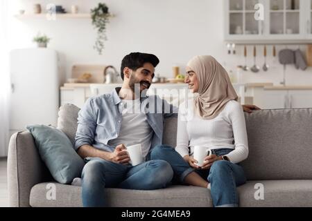 Fun together, enjoy breakfast and spare time at home, domestic date Stock Photo