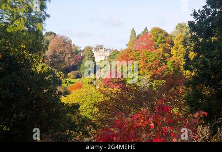 Looking towards Sheffield Park House ( privately owned ) at Sheffield Park and Gardens in East Sussex, England, October 2020.  Famous for its autumn c Stock Photo
