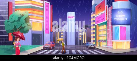 Rain in night city. Pedestrians with umbrellas crossing road. People at crosswalk with cars. Cartoon street illuminated showcases lights in wet, rainy weather. Cityscape with glowing windows of shops. Stock Vector