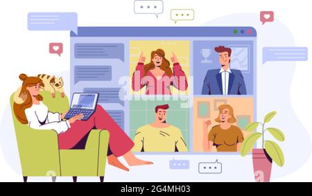 Flat woman at home office with laptop conducting video meeting, team building with colleagues. Girl chatting and talking with friends online. Vector illustration for videoconference or remote work. Stock Vector