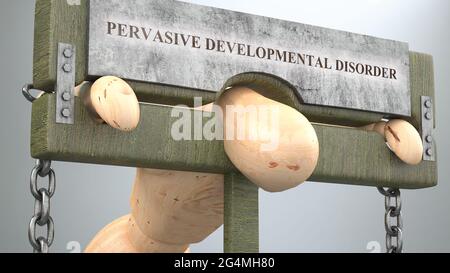 Pervasive developmental disorder that affect and destroy human life - symbolized by pillory to show Pervasive developmental disorder's effect and how Stock Photo