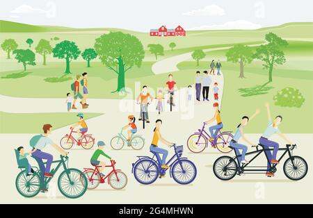 Family excursion by bike, in nature Stock Vector