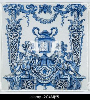. The decoration on these plaques was based on designs by Daniël Marot, who may have played a pivotal role in furnishing and decorating the Water Gallery at Hampton Court Palace. The designs were not executed on the more usual smaller tiles, but on larger planes. Making such large plaques must have represented an enormous technical challenge. Each column was originally four or four and- a-half plaques high. Stock Photo
