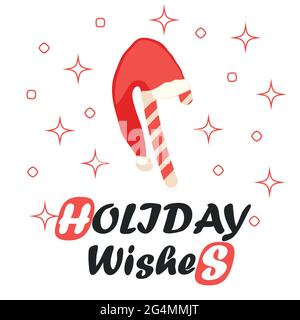 Christmas and New Years postcard with Christmas sweet candy cane and Santa hat, snowflakes and light effects. Stock Vector