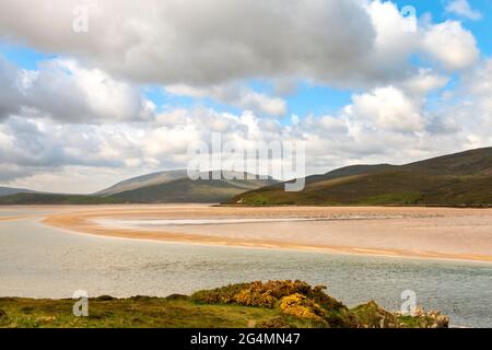 DURNESS SUTHERLAND SCOTLAND LOOKING ACROSS THE SEA AND SAND OF THE KYLE OF DURNESS IN EARLY SUMMER Stock Photo