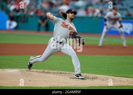 Baltimore, USA. 05th June, 2022. BALTIMORE, MD - JUNE 05: Baltimore Orioles  starting pitcher Dean Kremer (64) sends one down during a MLB game between  the Baltimore Orioles and the Cleveland Guardians