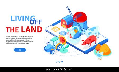 Living off the land - colorful isometric web banner with copy space for text. Agriculture and smart farming idea. Illustration with crop, vegetables, Stock Vector