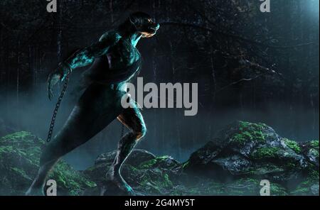 3d render illustration of fantasy werewolf monster creature in dark foggy woods. Stock Photo