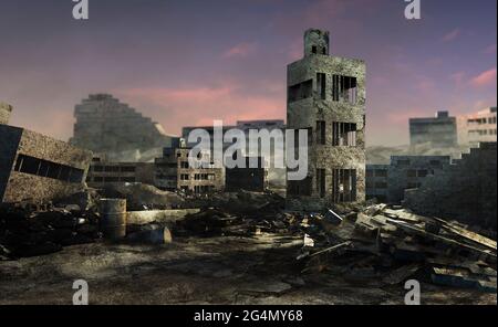 3d render illustration of bombed and ruined battlefield city backdrop artwork.