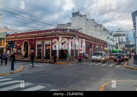 SALTA, ARGENTINA - APRIL 8, 2015: Traffic in narrow streets in the city center of Salta, Argentina. Stock Photo