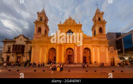 SALTA, ARGENTINA - APRIL 8, 2015: Cathedral Basilica and Sanctuary of the Lord and the Virgin of the Miracle in Salta, Argentina. Stock Photo