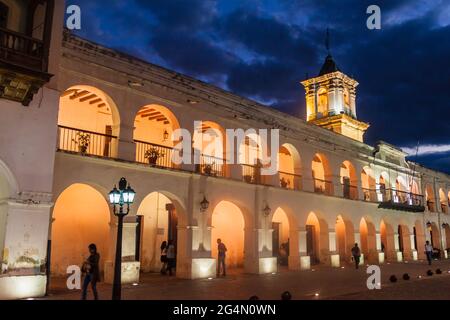 SALTA, ARGENTINA - APRIL 8, 2015: Building of the former town council (cabildo) on Plaza 9 de Julio square in Salta, Argentina. Stock Photo