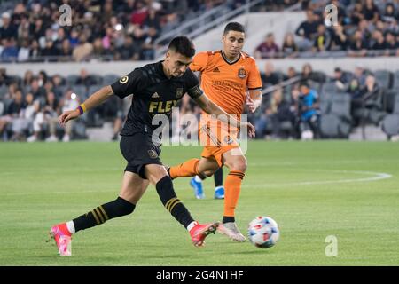 Los Angeles FC midfielder Eduard Atuesta (20) passes during a MLS game against the Houston Dynamo, Saturday, June 19, 2021, in Los Angeles, CA. LAFC a Stock Photo