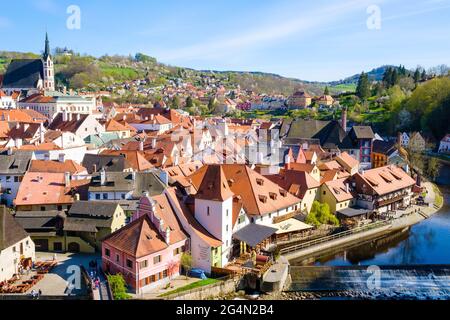 Panoramic view of Cesky Krumlov and river Vltava in the South Bohemian region, Czech Republic. Stock Photo