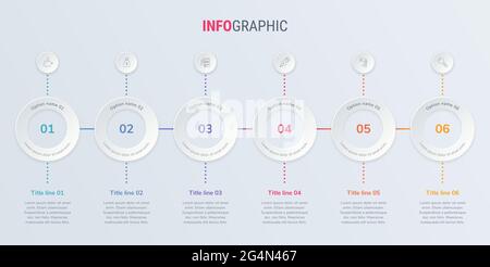 Abstract business rounded infographic template with 6 options. Colorful diagram, timeline and schedule isolated on light background. Stock Vector