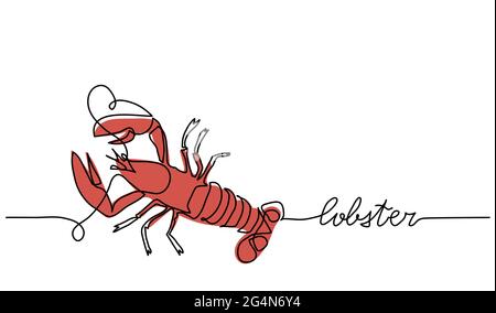 Red lobster or crayfish minimalist vector background, banner, poster. Signboard, store or shop sign design.One continuous line art drawing of lobster Stock Vector