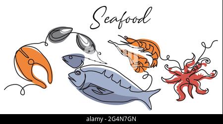 Seafood simple vector illustration, background, banner, poster. Signboard, store or shop sign design. One continuous line art drawing of seafood Stock Vector