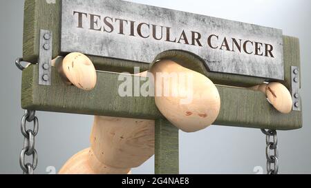Testicular cancer that affect and destroy human life - symbolized by a figure in pillory to show Testicular cancer's effect and how bad, limiting and Stock Photo