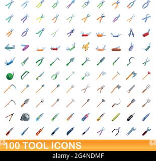 100 tool icons set. Cartoon illustration of 100 tool icons vector set isolated on white background Stock Vector