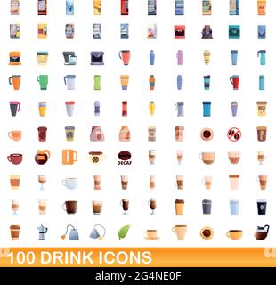 100 drink icons set. Cartoon illustration of 100 drink icons vector set isolated on white background Stock Vector