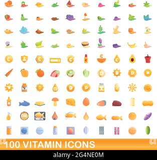 100 vitamin icons set. Cartoon illustration of 100 vitamin icons vector set isolated on white background Stock Vector