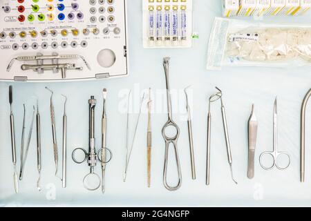 Dentistry concept. Various dental instruments and appliances in the doctor's office Stock Photo