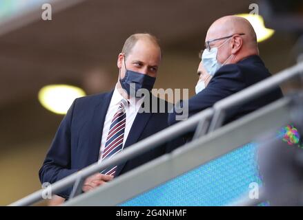 London, England, 22nd June 2021. Prince William, Duke of Cambridge takes his seat during the UEFA European Championships match at Wembley Stadium, London. Picture credit should read: David Klein / Sportimage Stock Photo