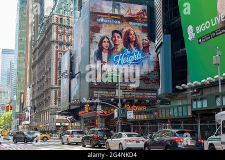 The film version of Lin-Manuel Mirandas’ musical “In the Heights” is advertised in Times Square in New York on Wednesday, June 9, 2021. “In the Heights” is to open the Tribeca Film Festival with 13 simultaneous showings around the city. (© Richard B. Levine) Stock Photo