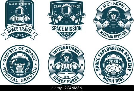 Astronaut badge set in vintage style. Stock Vector