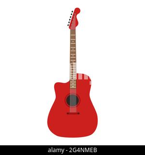 Acoustic guitar music instrument with string vector icon. Retro musical guitar equipment sound. Wooden element isolated white on red color. Vintage si Stock Vector