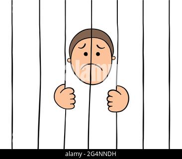 Cartoon prisoner holding prison bars, vector illustration. Colored and black outlines. Stock Vector