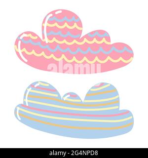 Cartoon painted clouds of pink and blue color isolated on white background. Pastel colors. Cartoon Cute Style. Set of Decorative Clouds. For children Stock Vector