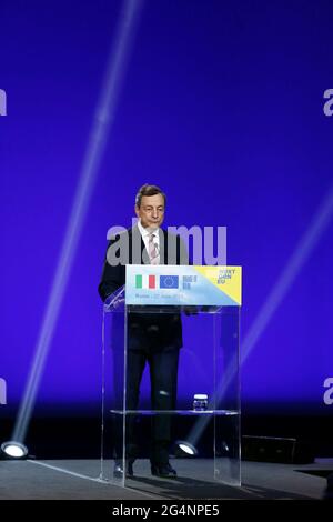 Rome, Italy. 22nd June, 2021. The Italian premier Mario Draghi during the press conference following the visit of the Cinecittà' Studios.Rome (Italy), June 22nd 2021 Photo Samantha Zucchi Insidefoto Credit: insidefoto srl/Alamy Live News Stock Photo