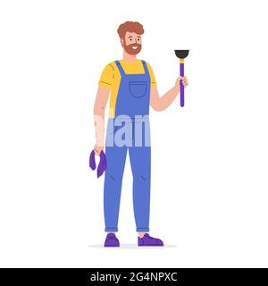 A man in a uniform with a plunger and a rag Stock Vector