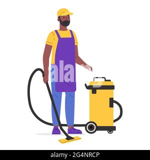 A man dressed in a uniform with a vacuum cleaner Stock Vector