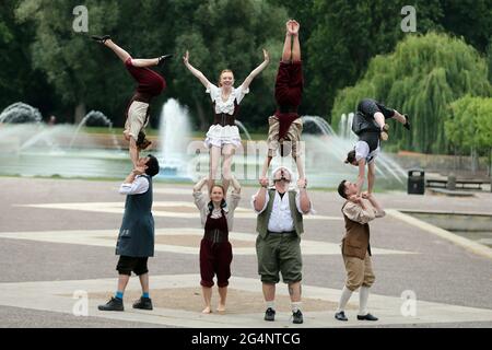 London, England, UK. 22nd June, 2021. Members of Lost in Translation Circus pose for the photographers in Battersea Park. The circus high kick off their 10th anniversary tour at Wandsworth Arts Fringe this week Credit: Tayfun Salci/ZUMA Wire/Alamy Live News Stock Photo