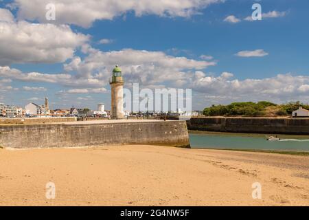 Saint-Gilles-Croix-de-Vie, in Vendee, typical harbor with the lighthouse Stock Photo