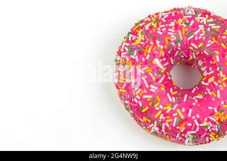 Delicious Donut With Sprinkles. Tasty Purple Donut On White. Stock Photo