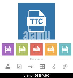 TTC file format flat white icons in square backgrounds. 6 bonus icons included. Stock Vector