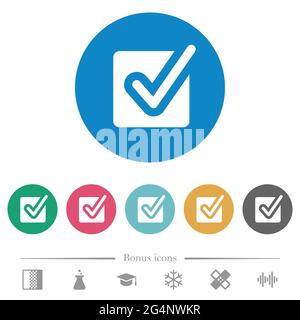 Checked box flat white icons on round color backgrounds. 6 bonus icons included. Stock Vector