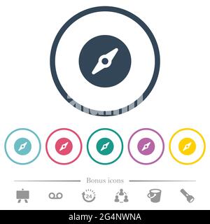 Simple compass flat color icons in round outlines. 6 bonus icons included. Stock Vector