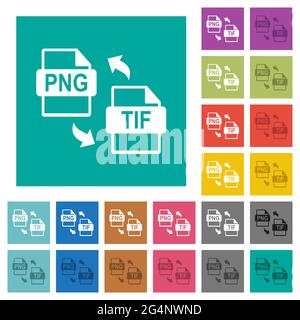 PNG TIF file conversion multi colored flat icons on plain square backgrounds. Included white and darker icon variations for hover or active effects. Stock Vector