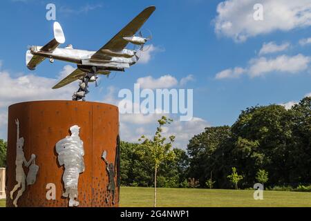 Lancaster bomber statue seen at the International Bomber Command Centre near Lincoln in June 2021 to remember Operation Manna in World War Two. Stock Photo