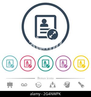 Extend contact flat color icons in round outlines. 6 bonus icons included. Stock Vector